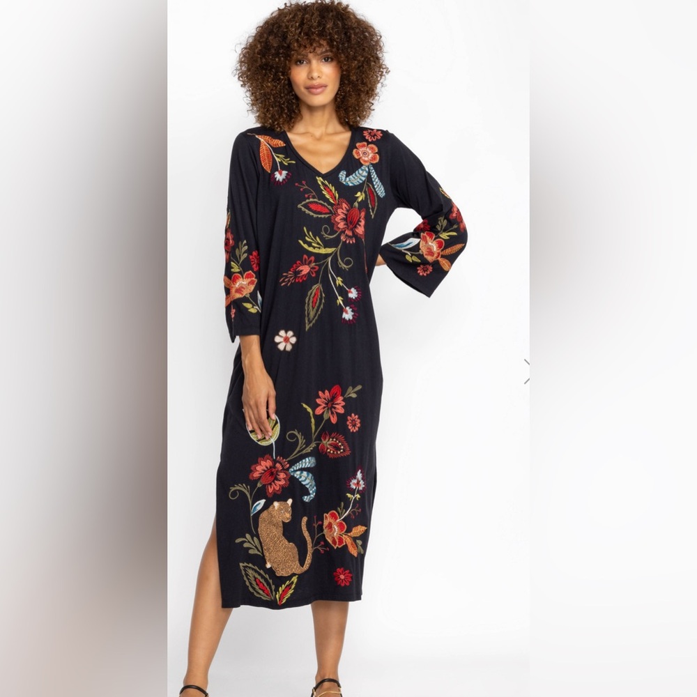 Johnny Was Black Maxi Dress with Multicolor Floral Embroidery